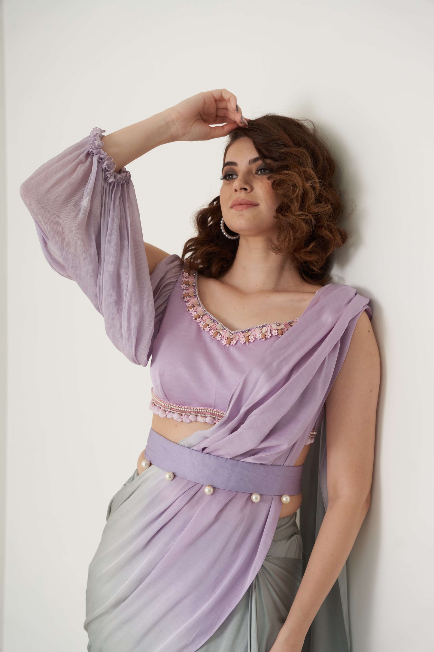 Tie and Dye fish cut pre-drape saree set with belt