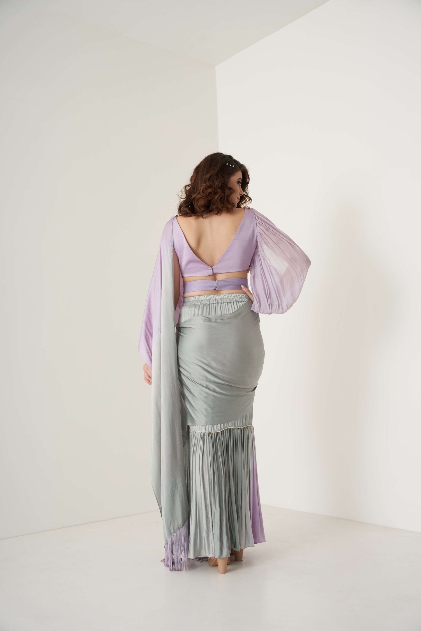 Tie and Dye fish cut pre-drape saree set with belt