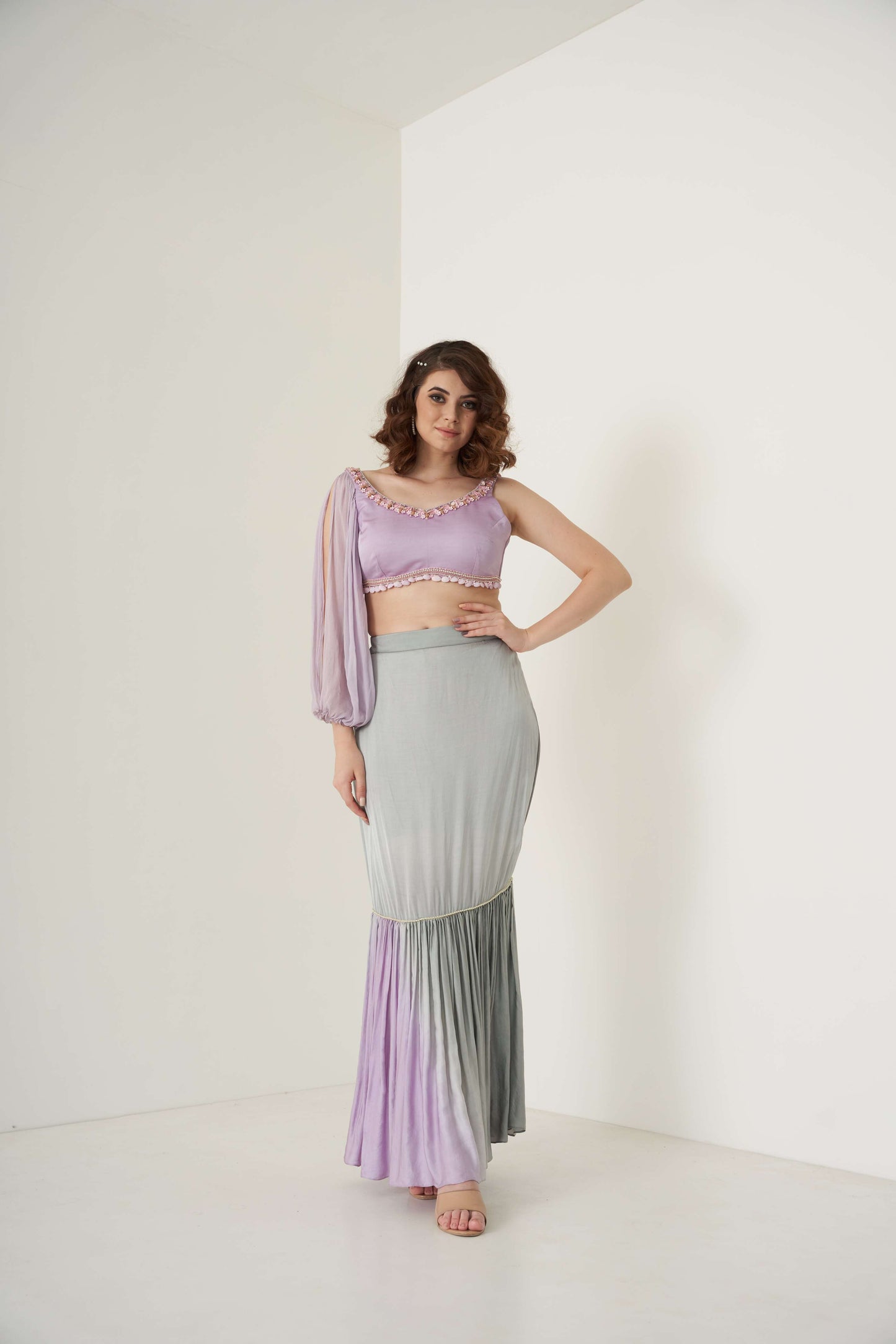 Tie and Dye fish cut pre-drape saree set with belt