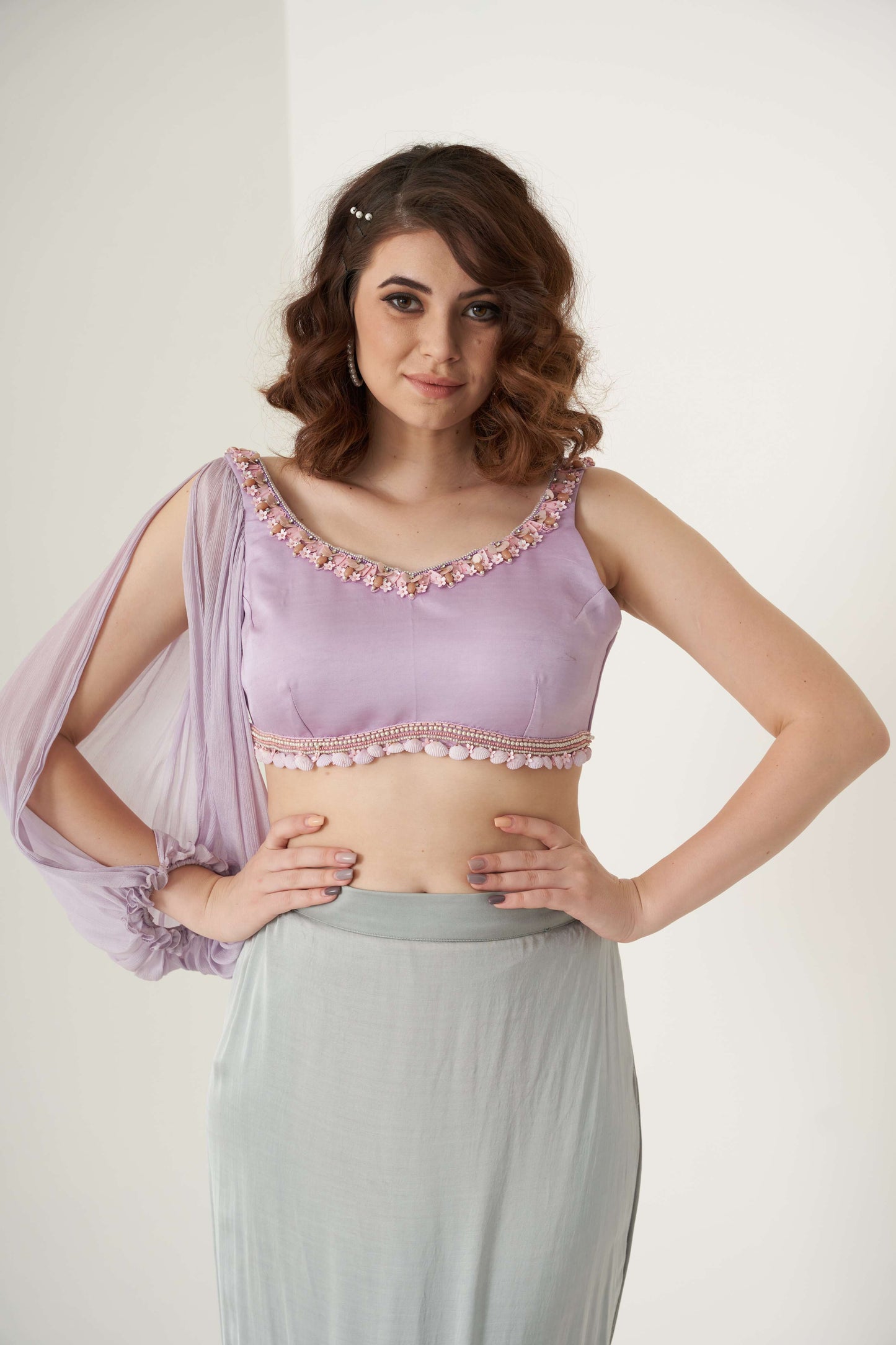 Tie and Dye fish cut pre-drape saree set with belt