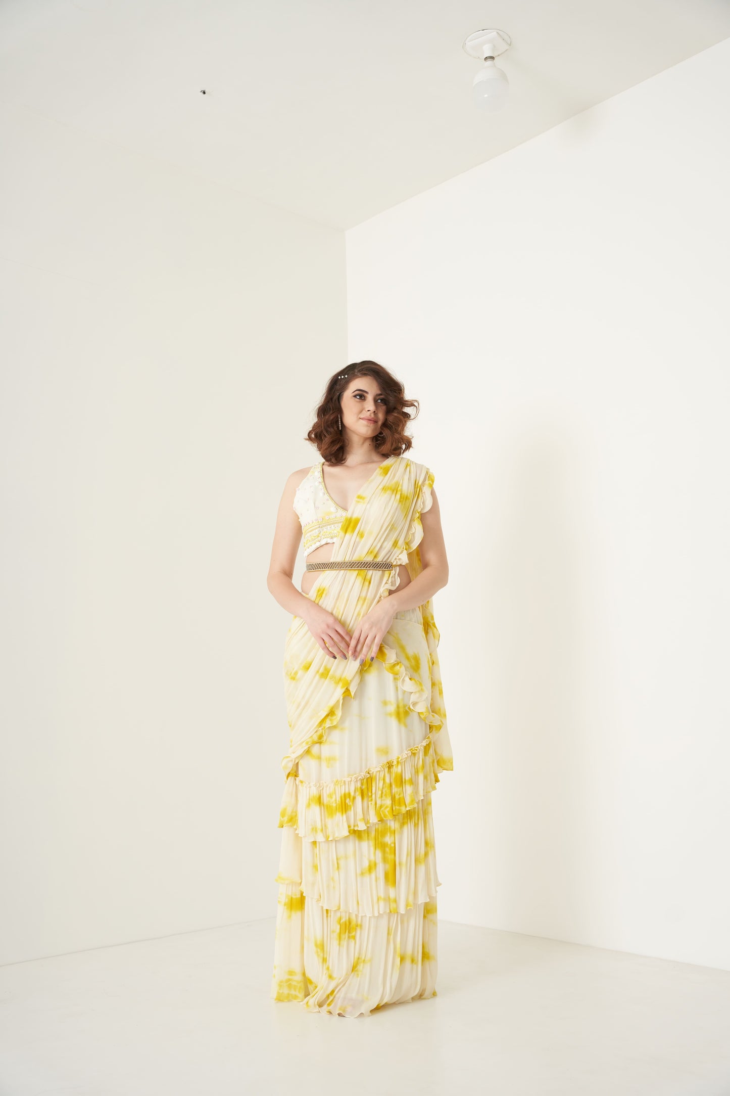 Yellow Tie and Dye Ruffle Pre-Drape Saree