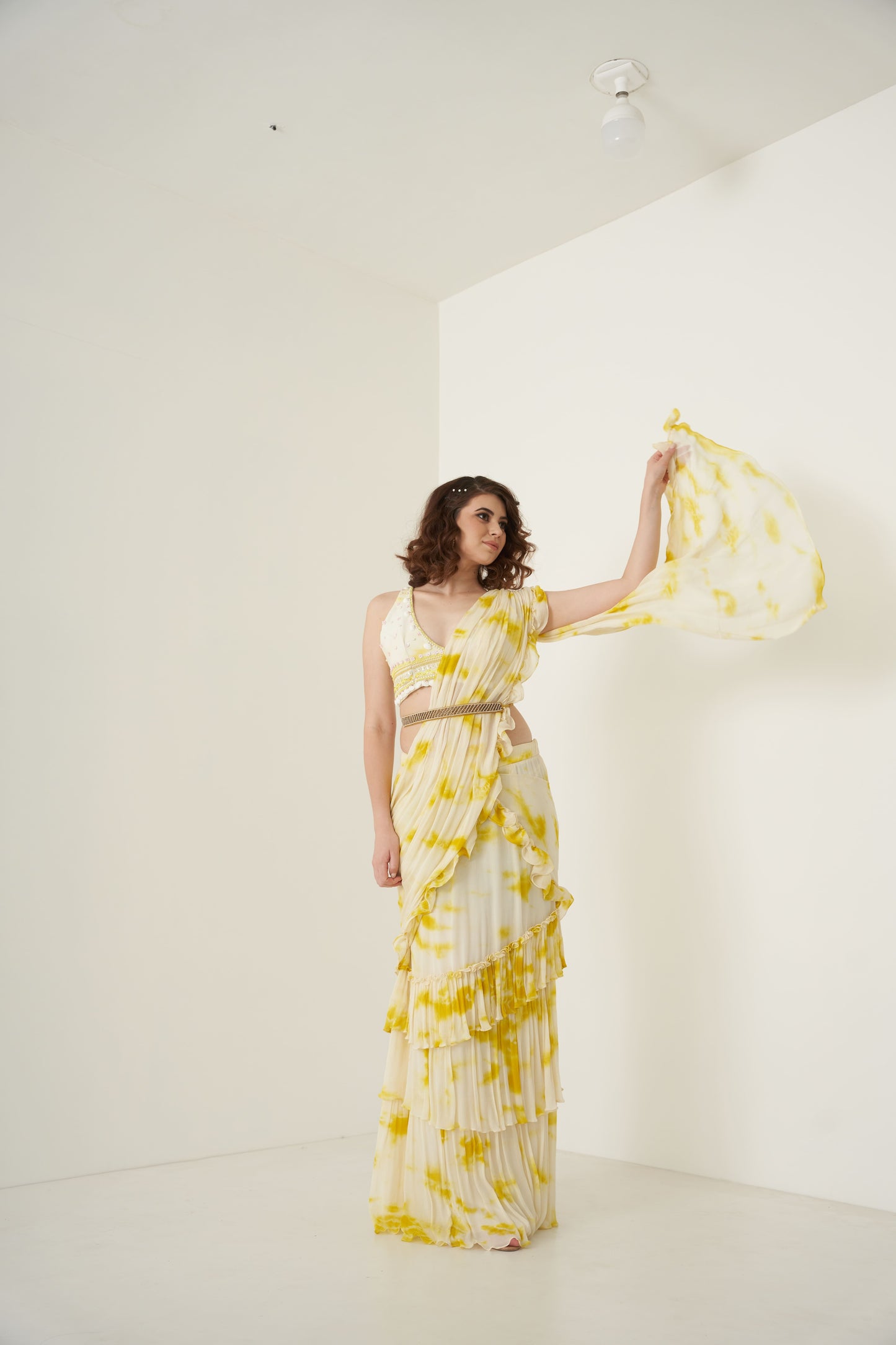 Yellow Tie and Dye Ruffle Pre-Drape Saree