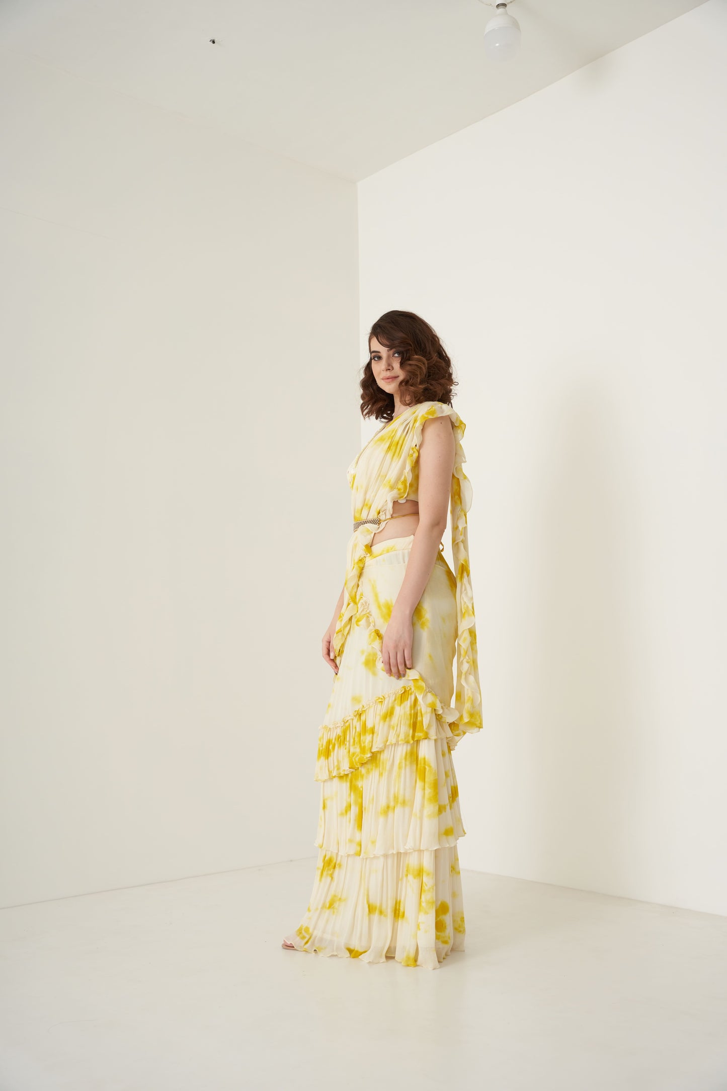 Yellow Tie and Dye Ruffle Pre-Drape Saree