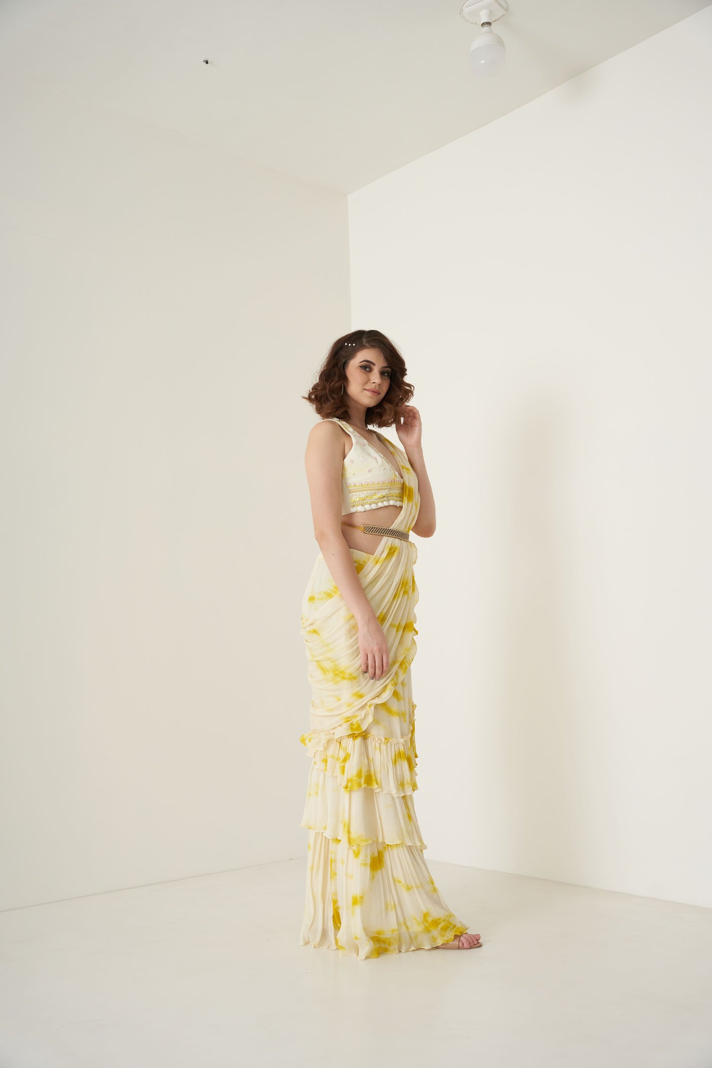 Yellow Tie and Dye Ruffle Pre-Drape Saree