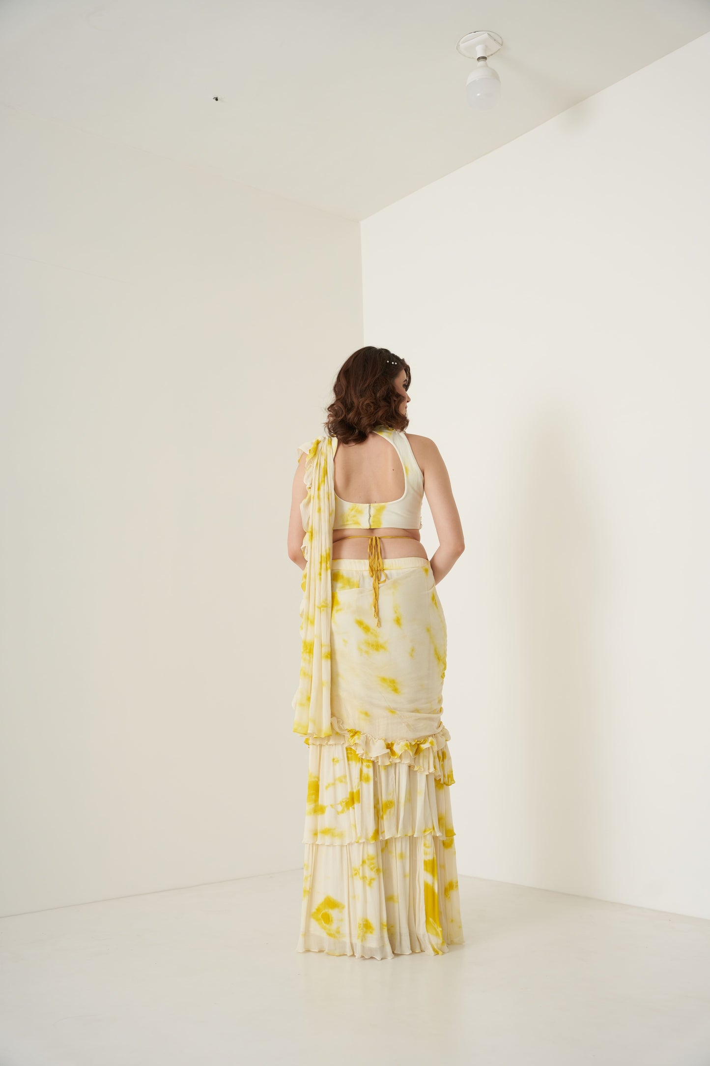 Yellow Tie and Dye Ruffle Pre-Drape Saree