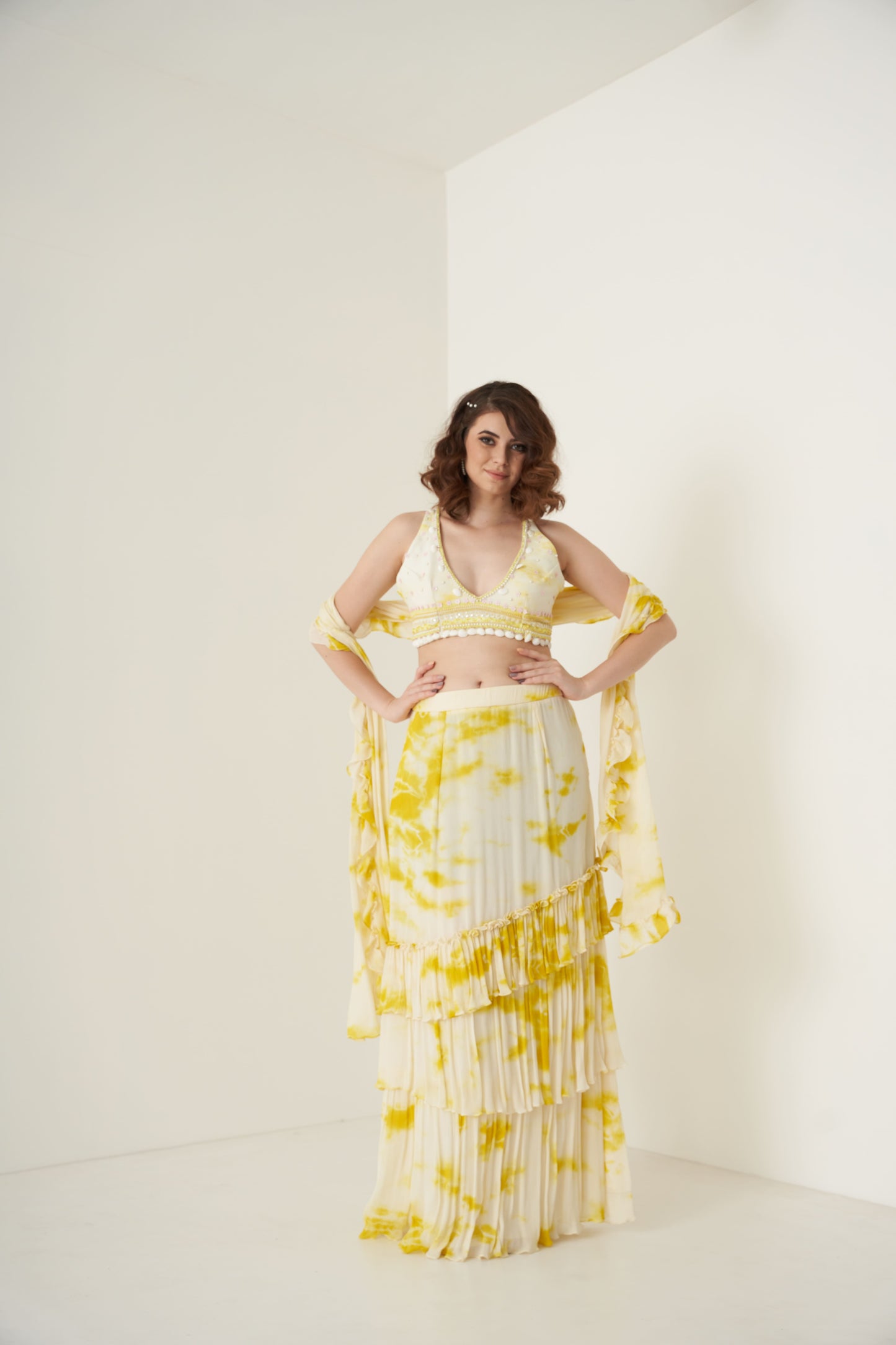 Yellow Tie and Dye Ruffle Pre-Drape Saree