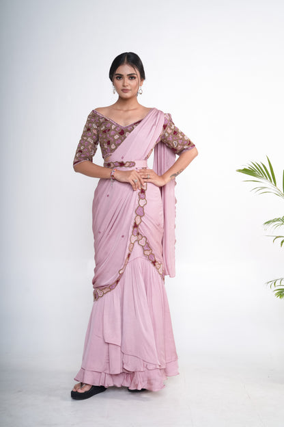 Lavender pre-draped lehenga saree with belt