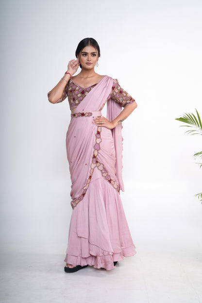 Lavender pre-draped lehenga saree with belt