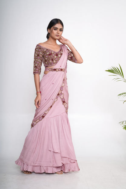 Lavender pre-draped lehenga saree with belt