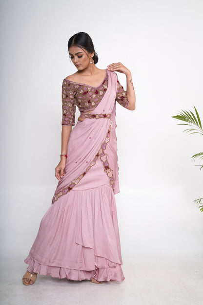 Lavender pre-draped lehenga saree with belt