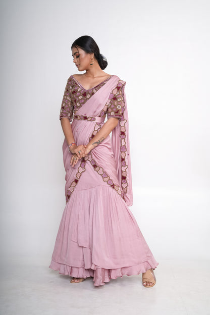 Lavender pre-draped lehenga saree with belt