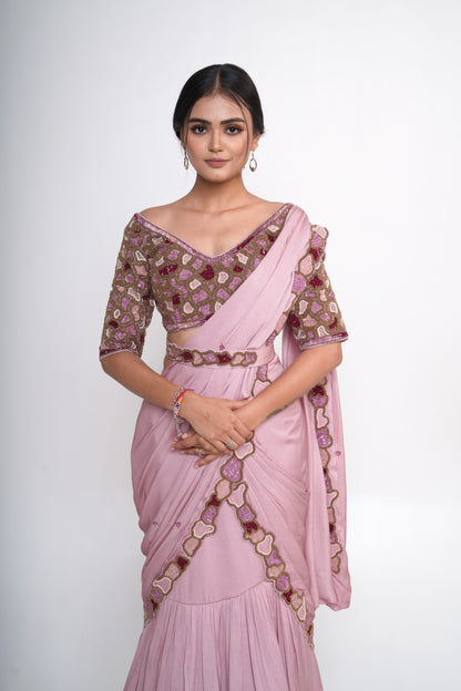 Lavender pre-draped lehenga saree with belt