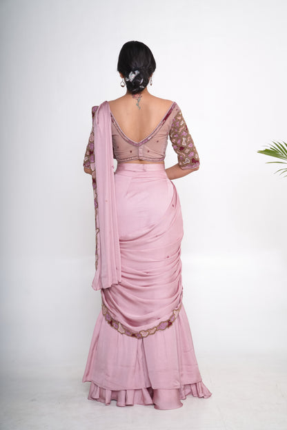 Lavender pre-draped lehenga saree with belt