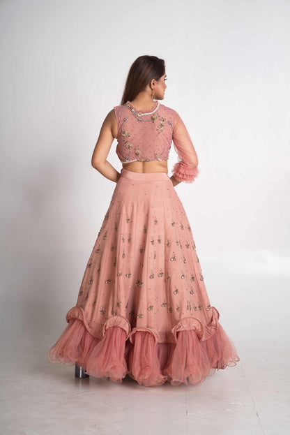 Pink layered lehenga set with pre drape net dupatta