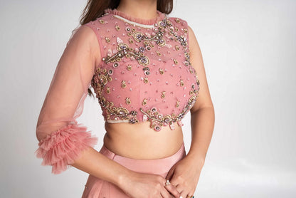 Pink layered lehenga set with pre drape net dupatta