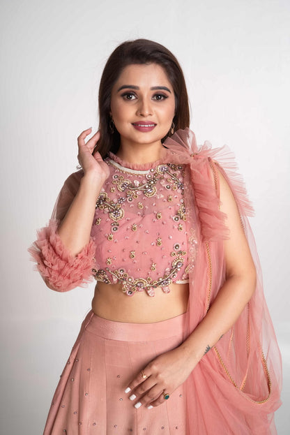 Pink layered lehenga set with pre drape net dupatta