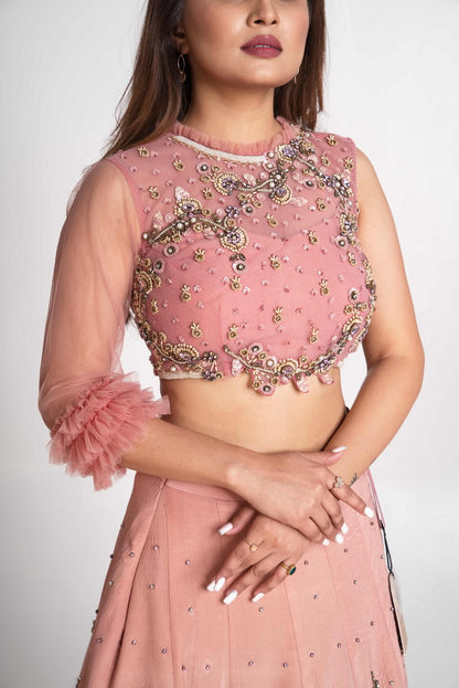Pink layered lehenga set with pre drape net dupatta