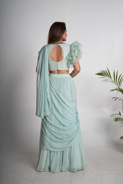 Aqua pleated lehenga saree set