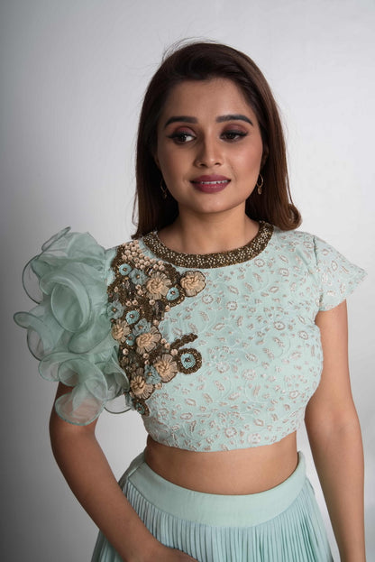 Aqua pleated lehenga saree set