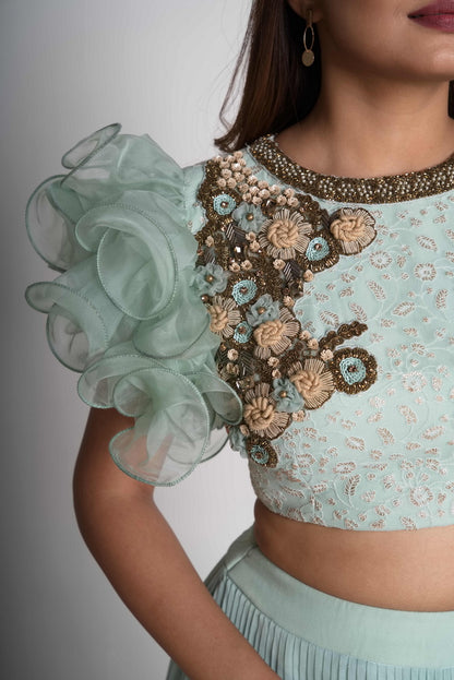 Aqua pleated lehenga saree set