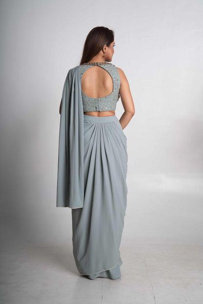 Powder blue pre-draped saree set