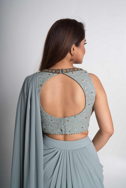 Powder blue pre-draped saree set