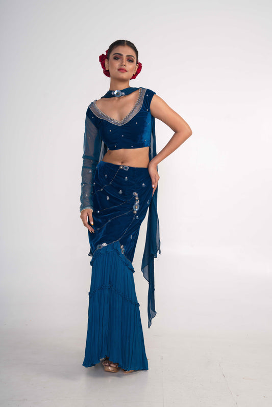 Royal Blue Velvet Fish-cut skirt Set