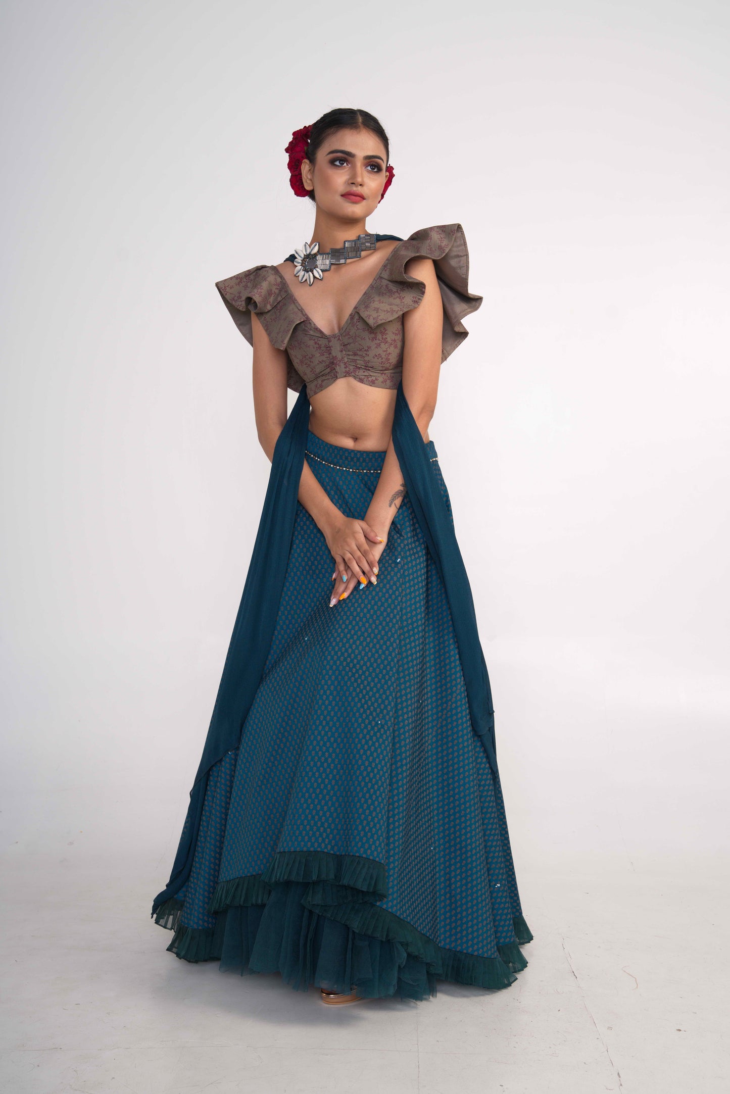 Teal Silk Lehenga Set