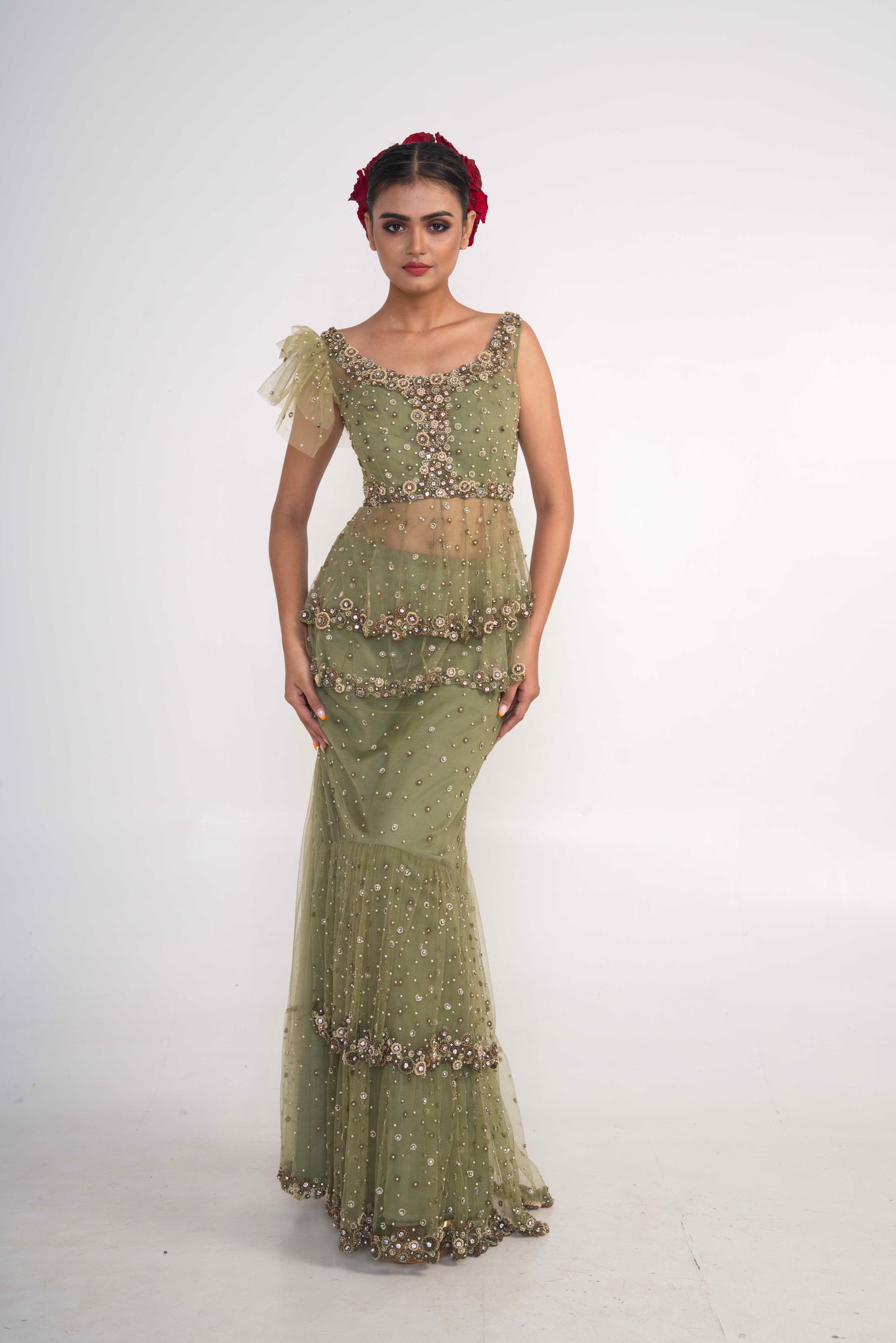 Moss Green Net skirt  Set