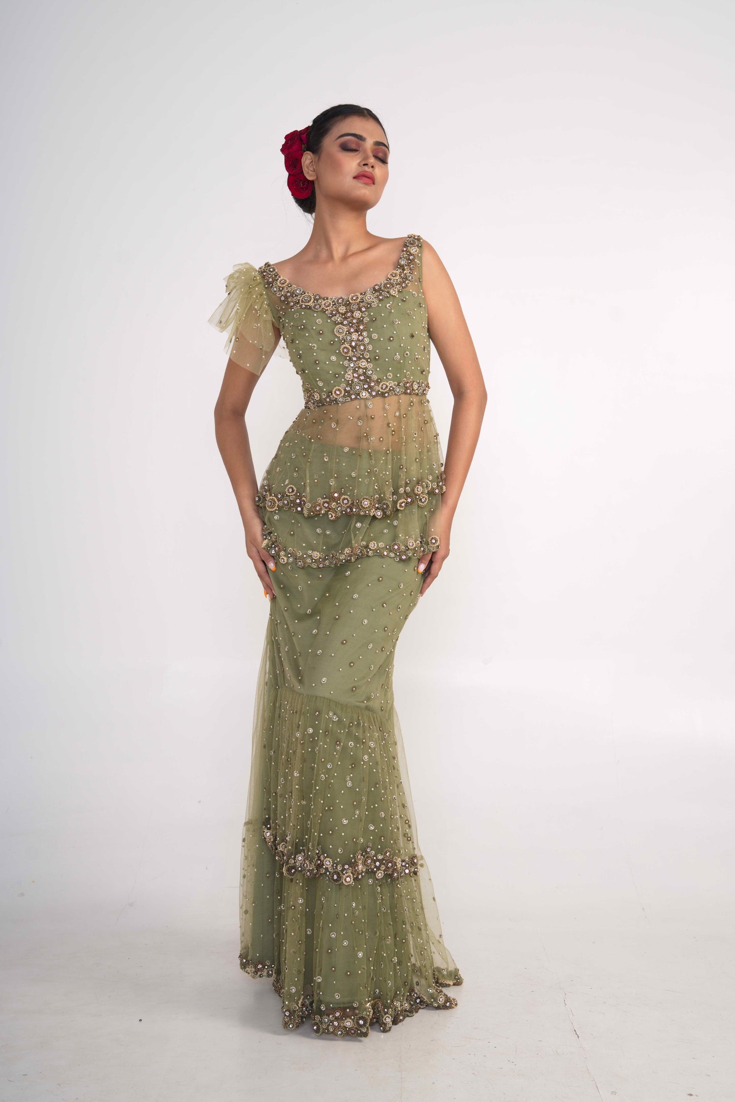 Moss Green Net skirt  Set