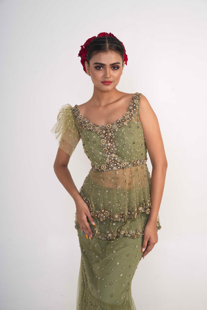 Moss Green Net skirt  Set