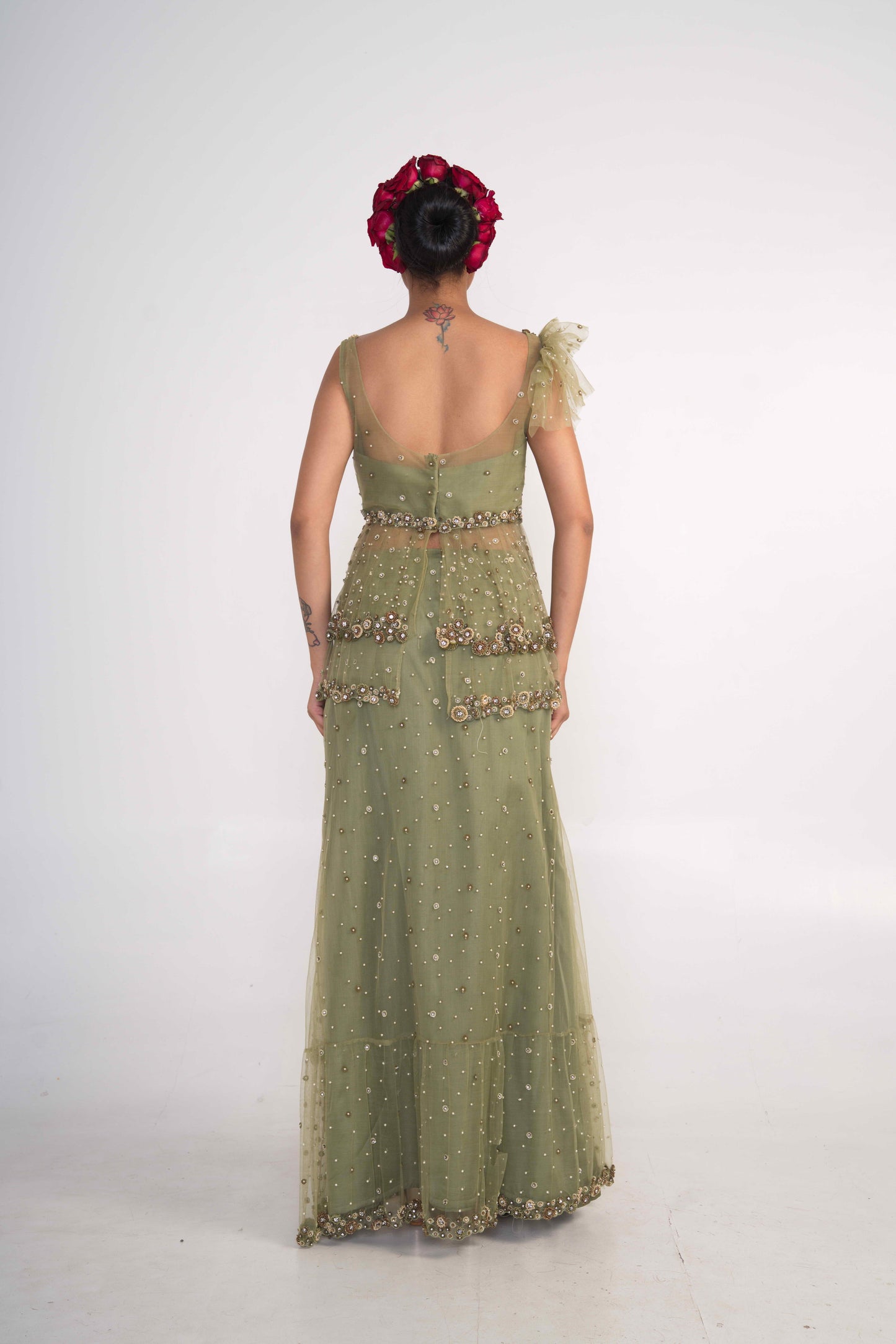 Moss Green Net skirt  Set