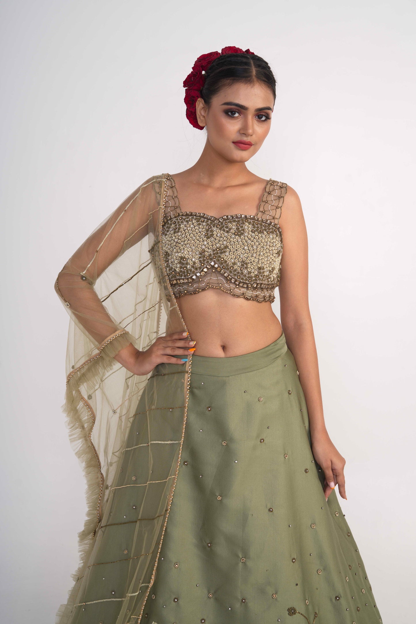 Moss Green Layered Lehenga Set