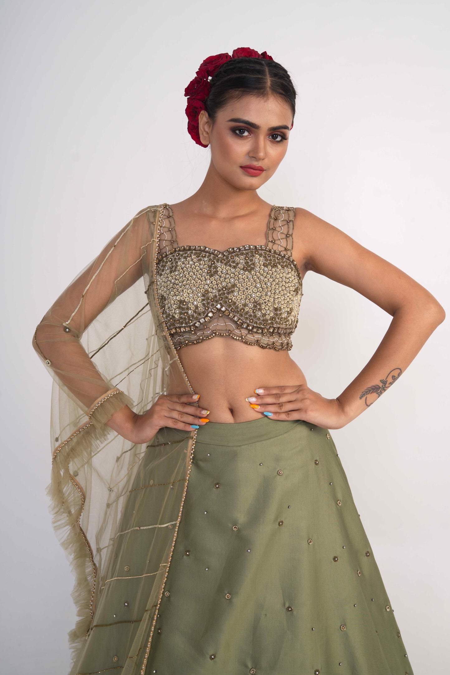 Moss Green Layered Lehenga Set
