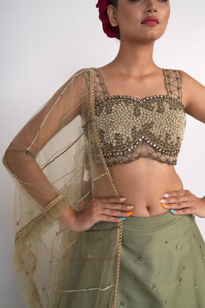 Moss Green Layered Lehenga Set