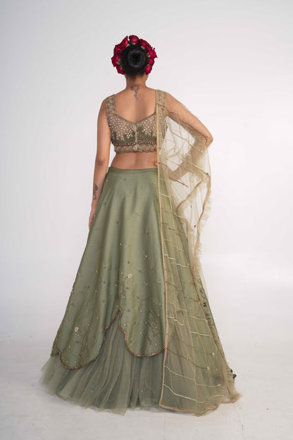 Moss Green Layered Lehenga Set