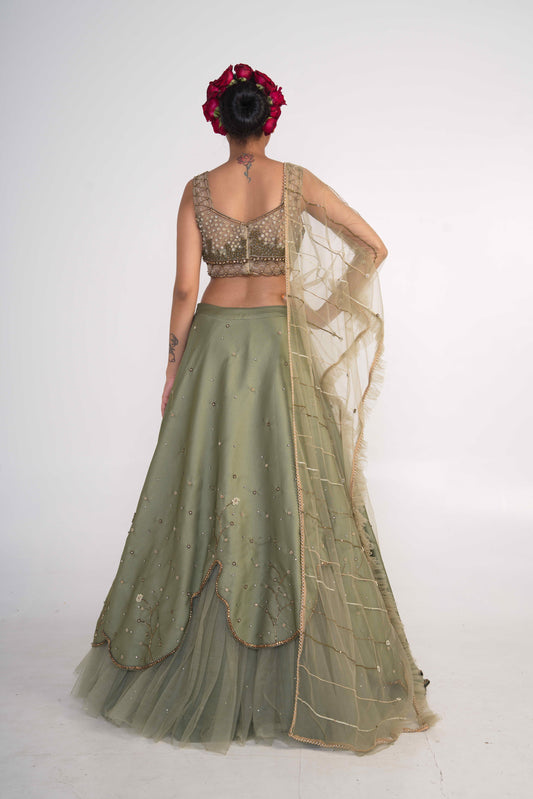 Moss Green Layered Lehenga Set