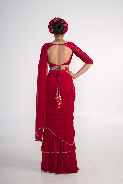 Red Pre-Draped Saree with Belt