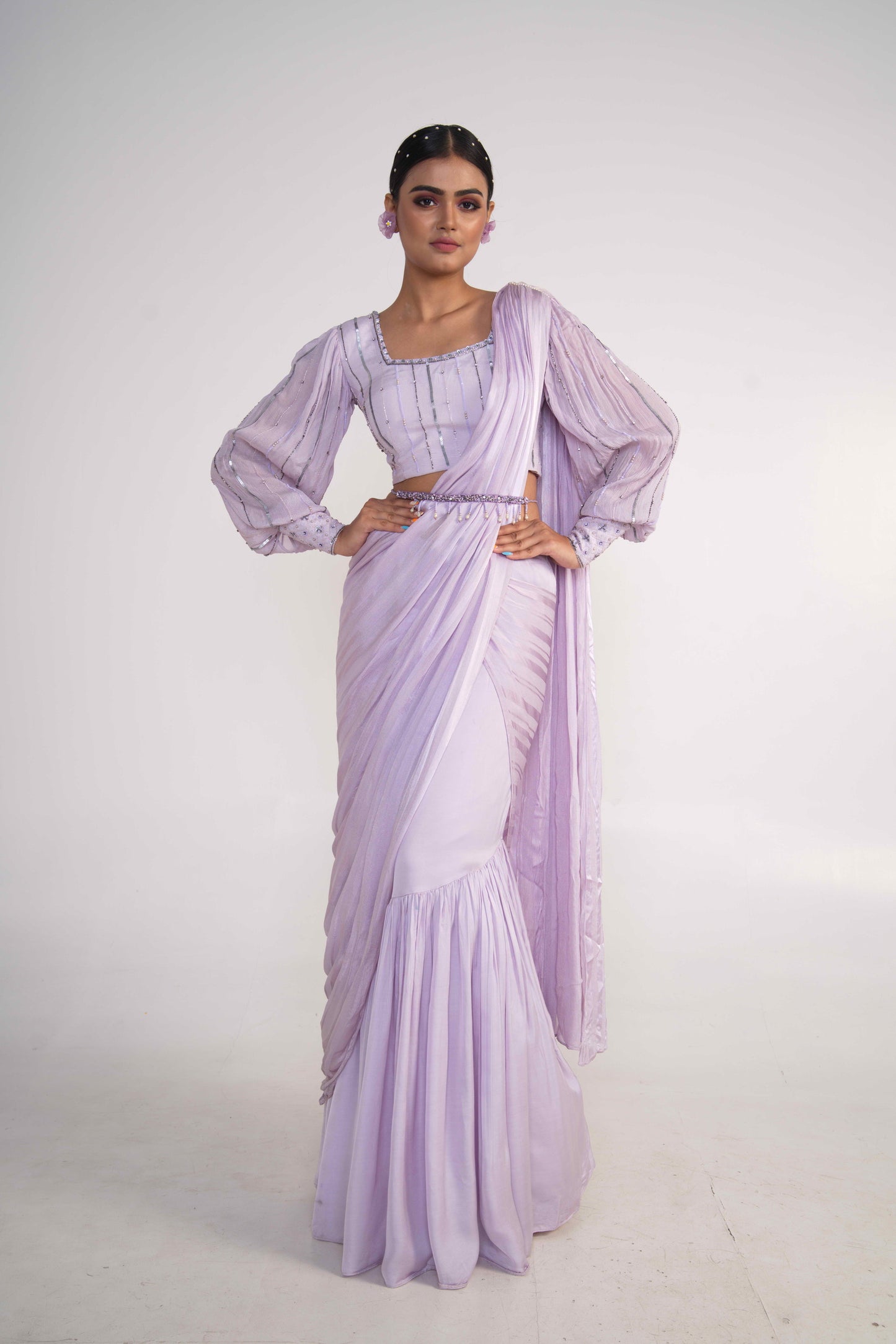 Lavender Draped Saree with Belt