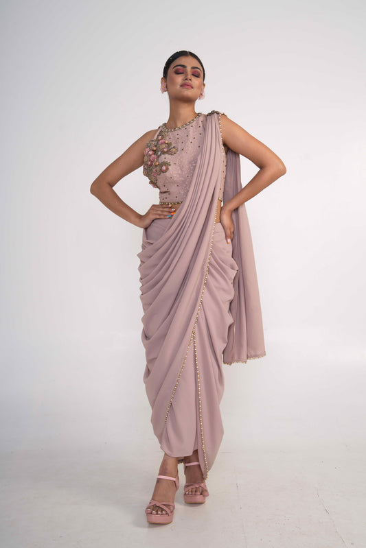 Oyster pre-Drape saree with halter blouse set