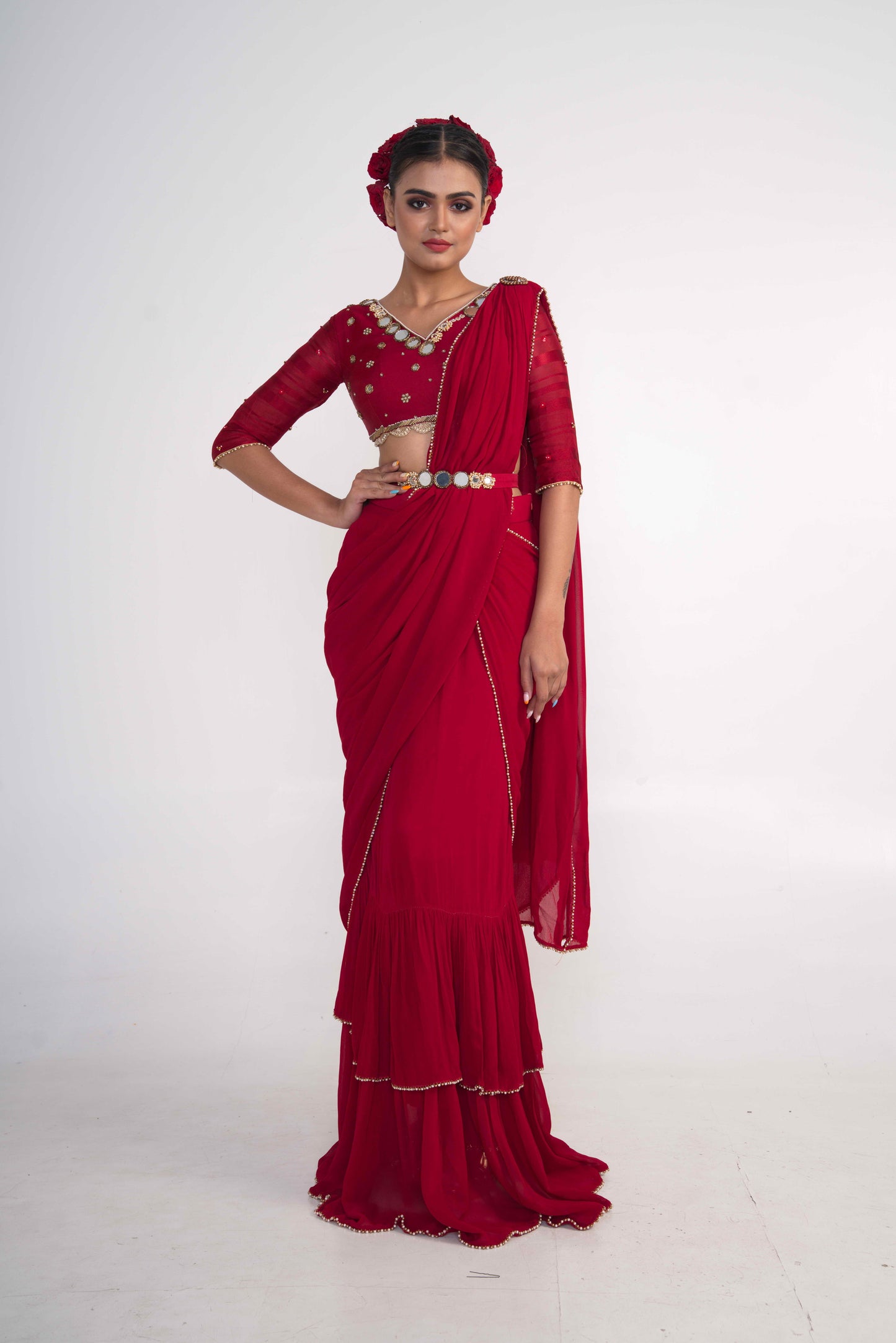 Red Pre-Draped Saree with Belt