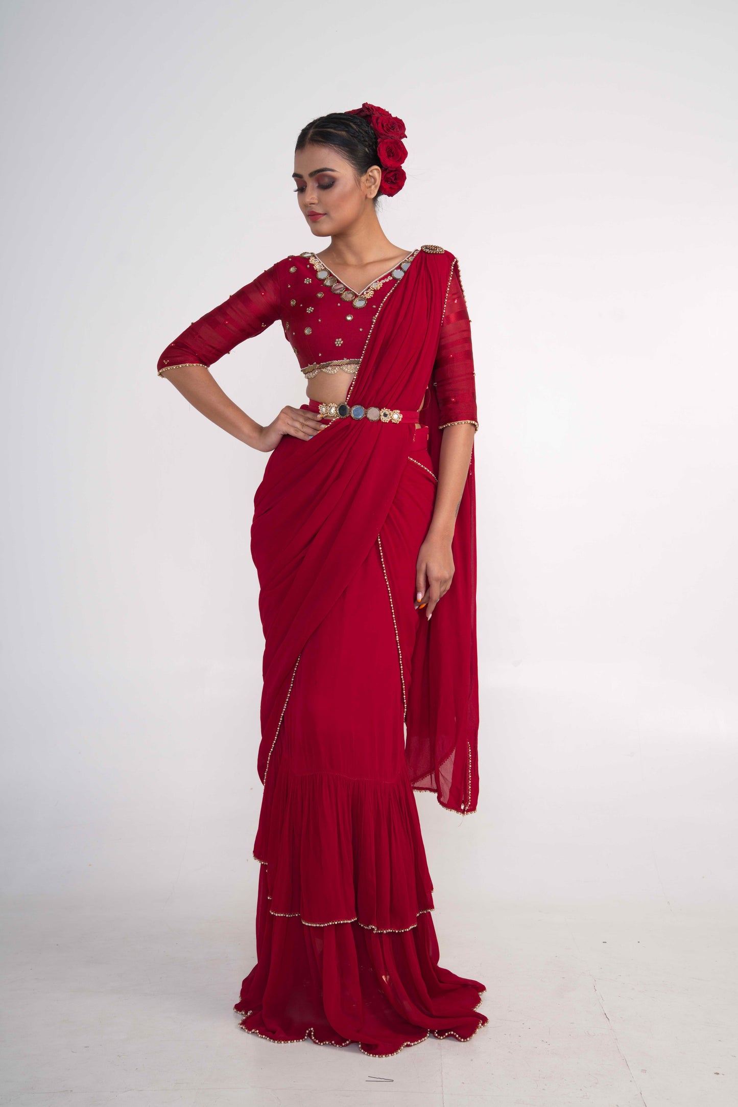 Red Pre-Draped Saree with Belt
