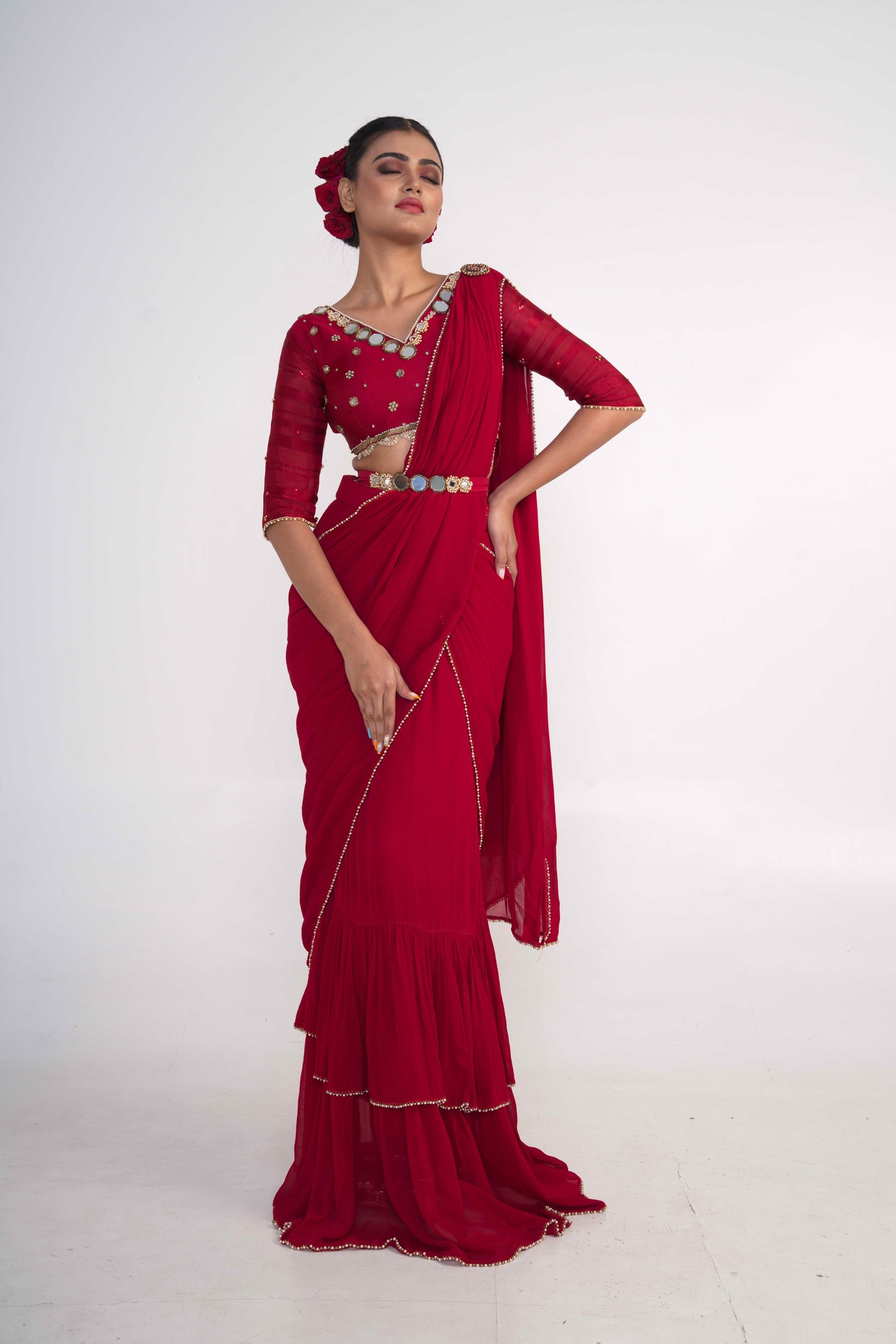 Red Pre-Draped Saree with Belt