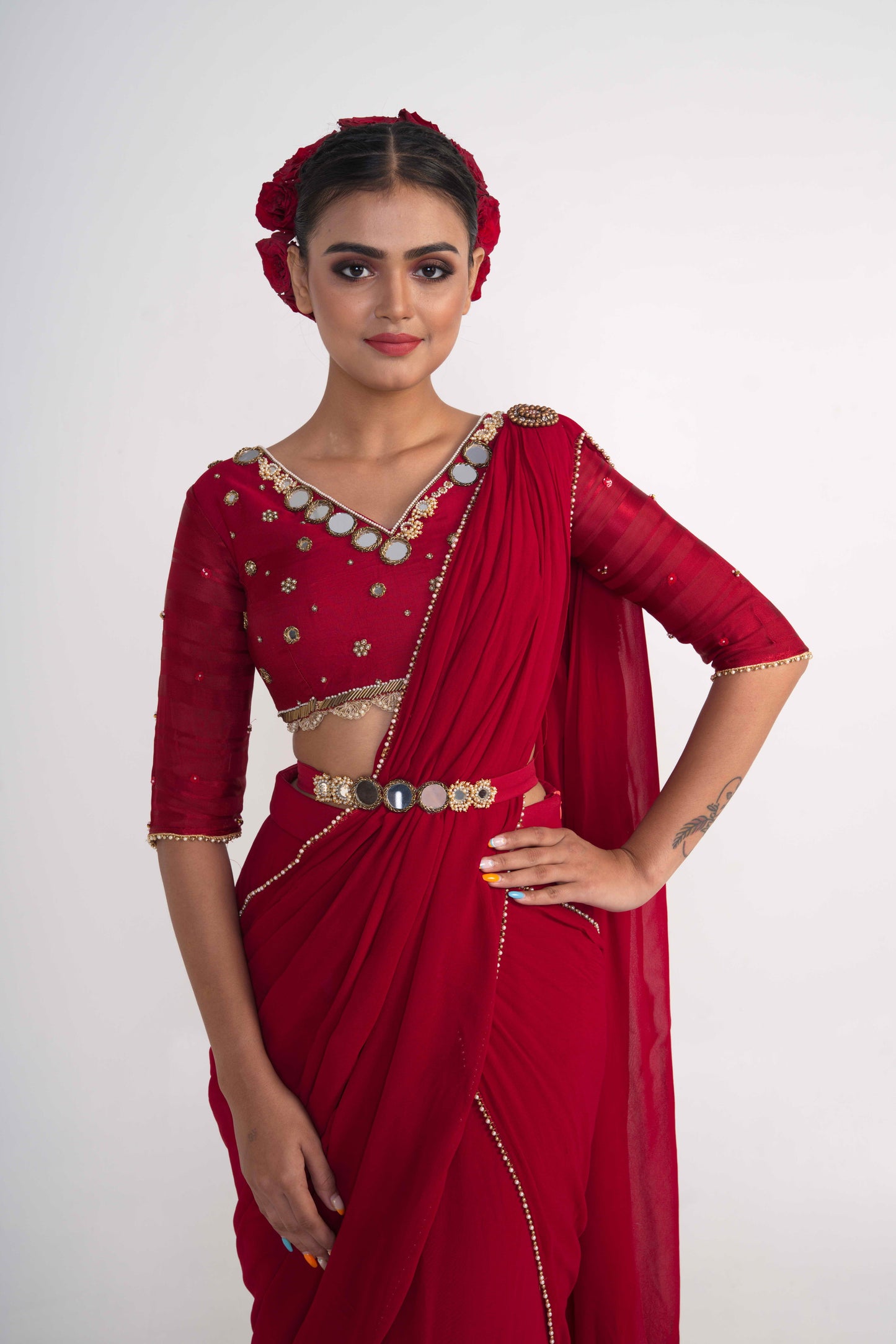Red Pre-Draped Saree with Belt