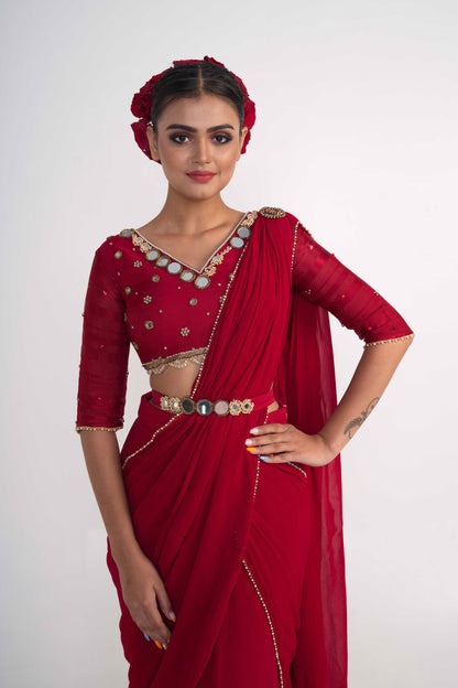 Red Pre-Draped Saree with Belt