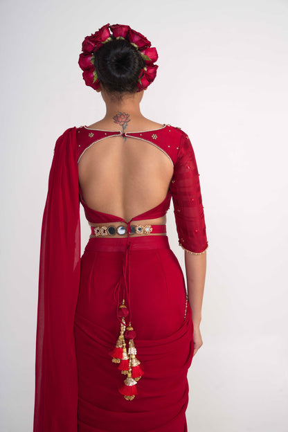 Red Pre-Draped Saree with Belt