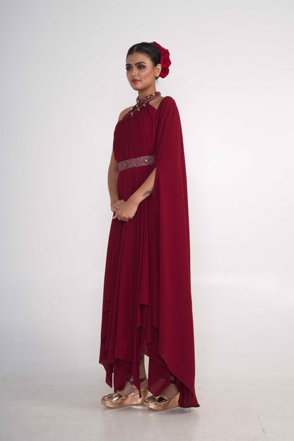 Maroon draped dress with fixed belt features at waist