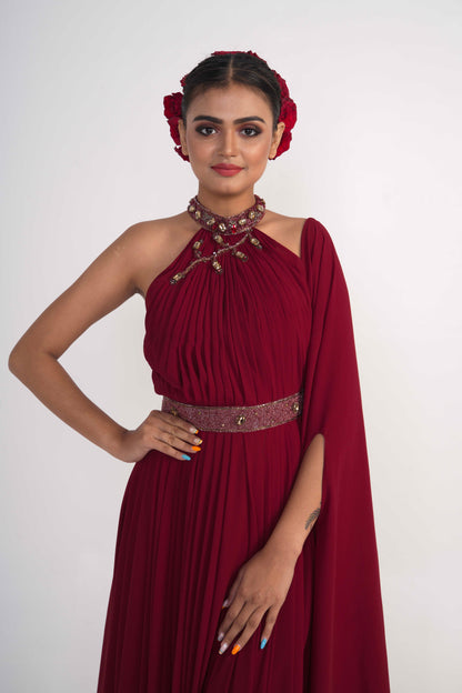 Maroon draped dress with fixed belt features at waist