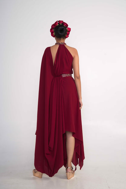 Maroon draped dress with fixed belt features at waist