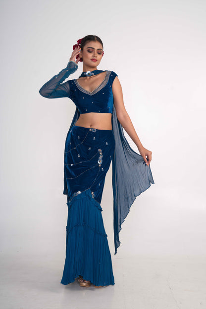 Royal Blue Velvet Fish-cut skirt Set